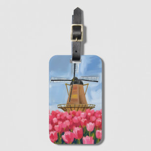 Étiquette À Bagage Champ de tulipes à moulin à vent hollandais aquare
