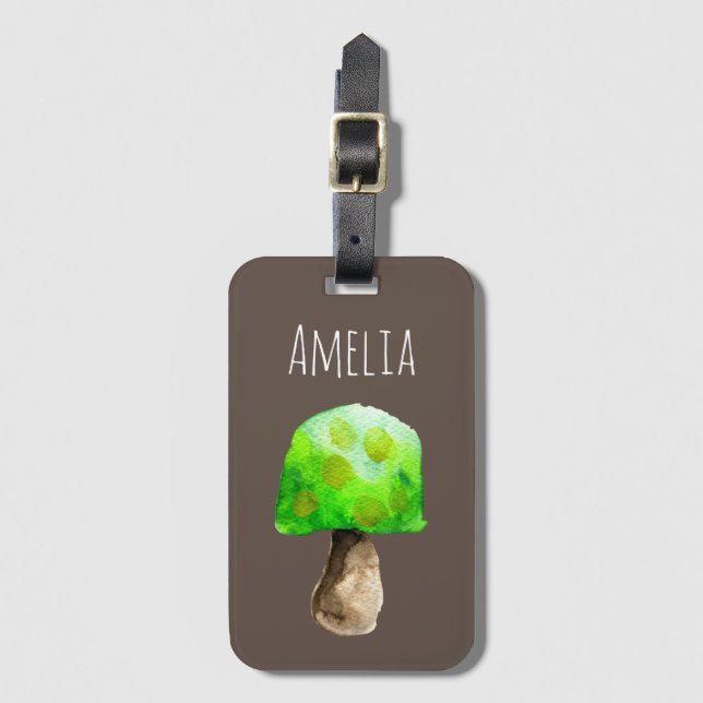 Étiquette À Bagage Champignon vert aquarelle champignons mignons (Devant Vertical)