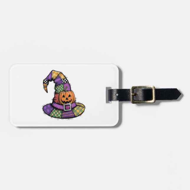 Étiquette À Bagage Chapeau de sorcière patchwork Halloween effrayant (Devant horizontal)