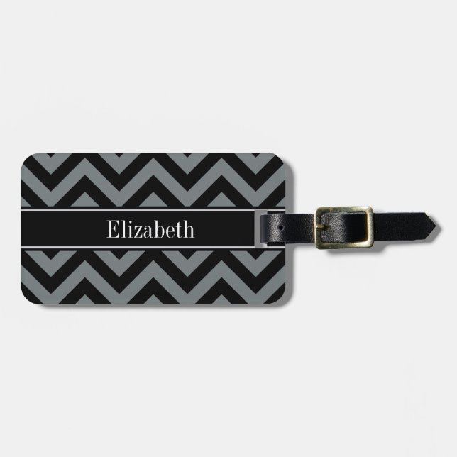 Étiquette À Bagage Charbon noir LG noir Chevron Nom noir Monogramme (Devant horizontal)