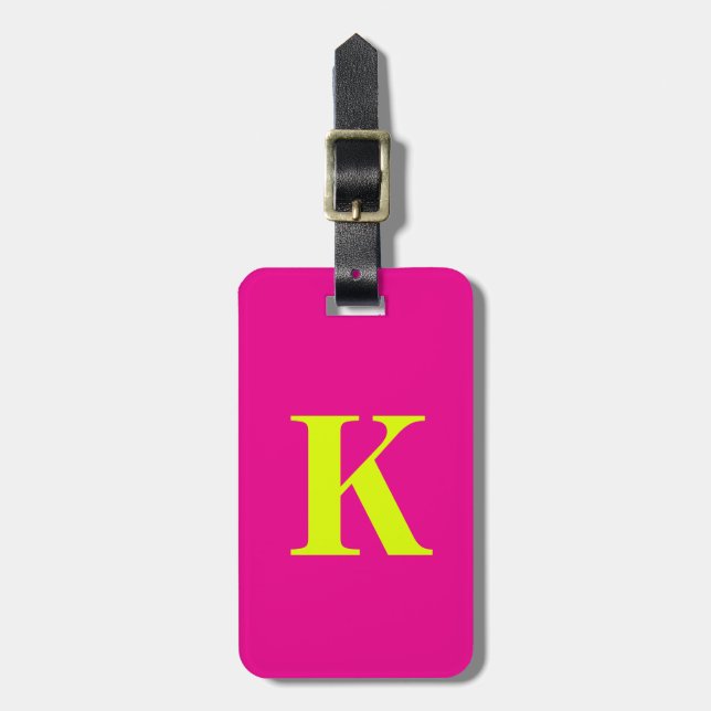 Étiquette À Bagage Chartreuse Yellow Neon Hot Pink Monogramme Nom (Devant Vertical)