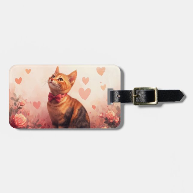 Étiquette À Bagage Chat Abyssin avec des Roses - Saint-Valentin  (Devant horizontal)