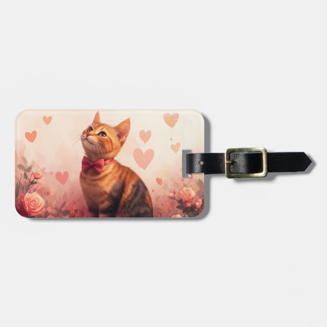 Étiquette À Bagage Chat Abyssin avec des Roses - Saint-Valentin (Devant horizontal)