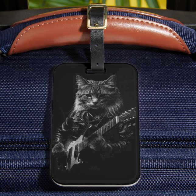 Étiquette À Bagage Chat avec cuir Veste jouant guitare électrique (Insitu Rectoal 2)