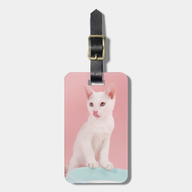 Étiquette À Bagage Chat avec le bol de lait (Devant Vertical)