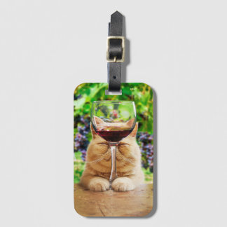Étiquette À Bagage Chat avec verre de vin