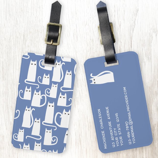 Étiquette À Bagage Chat blanc amusant en bleu (White cat on sky blue personalized luggage tag for animal lovers)