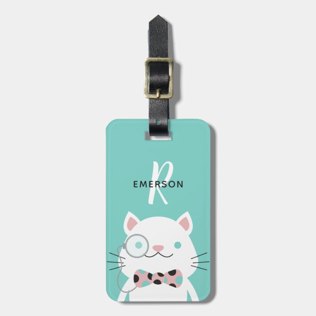 Étiquette À Bagage Chat de fantaisie avec le monogramme du monocle | (Devant Vertical)
