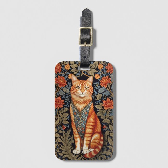 Étiquette À Bagage Chat de gingembre William Morris Inspiré Floral (Devant Vertical)