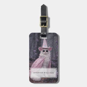 Étiquette À Bagage Chat de magicien magique en cape et chapeau rose s