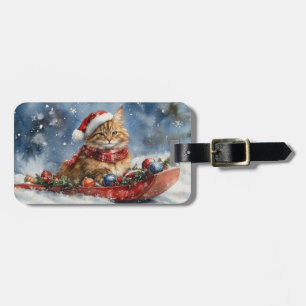 Étiquette À Bagage Chat de Maine Coon en sledge Laisser neiger Noël