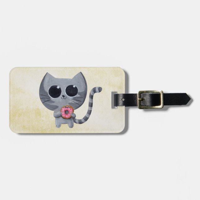Étiquette À Bagage Chat et beignet gris mignons (Devant horizontal)