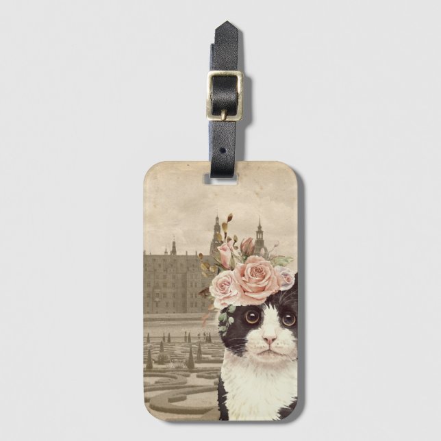 Étiquette À Bagage Chat Fantaisie & Le Château (Devant Vertical)