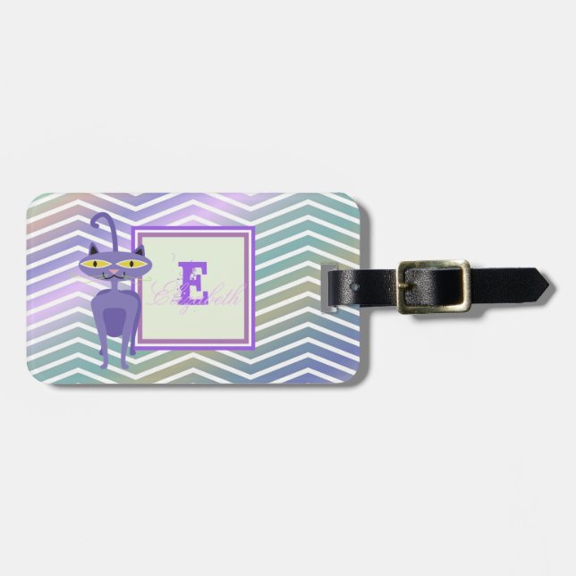 Étiquette À Bagage Chat Fantaisiste Chevron Zigzag, Monogramme-Person (Devant horizontal)
