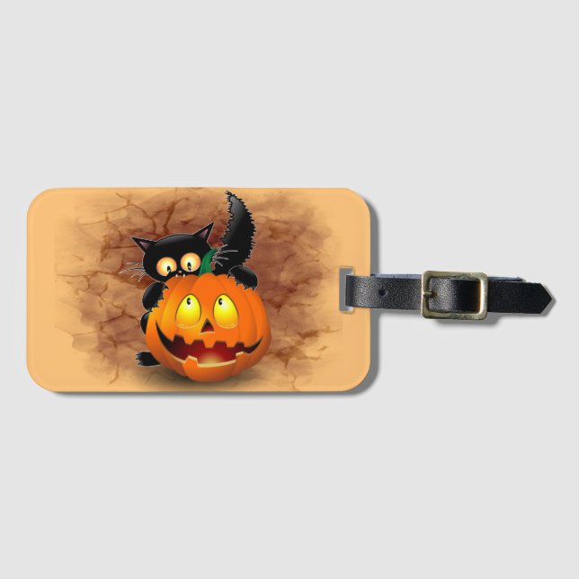 Étiquette À Bagage Chat Fun Halloween Caractère mordant un Citrouille (Devant Horizontal)