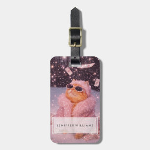 Étiquette À Bagage Chat Glam Money en manteau de fourrure rose et lun