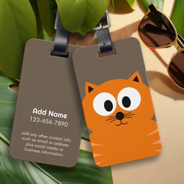 Étiquette À Bagage Chat gras mignet orange avec Taupe et nom (Custom Luggage Tag - Personalized Bag Tag)