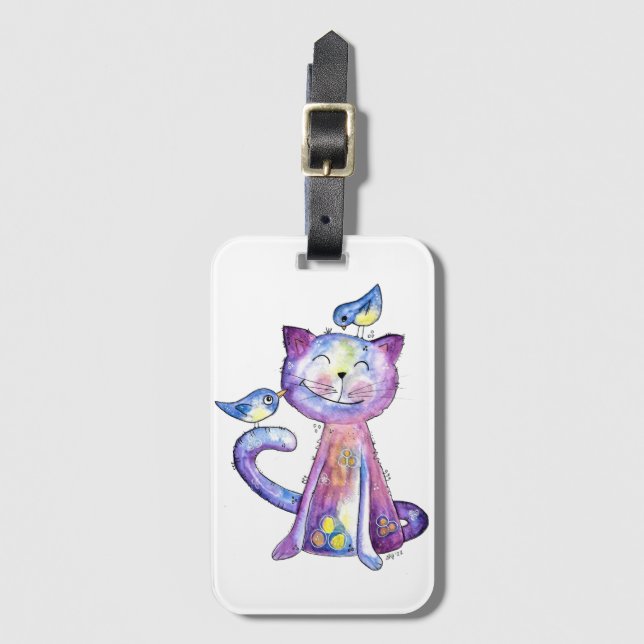 Étiquette À Bagage Chat mignon blanc violet avec oiseaux (Devant Vertical)