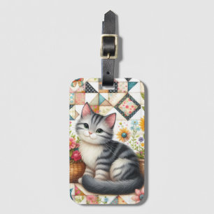 Étiquette À Bagage Chat Mignon sur Courtepointe Florale Cottagecore