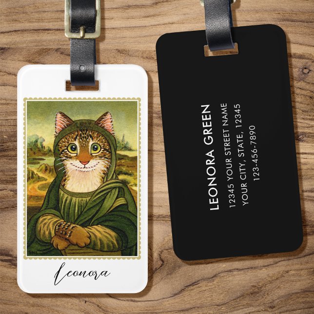 Étiquette À Bagage Chat Mona Lisa Whimsical Personnalisé (Créateur téléchargé)
