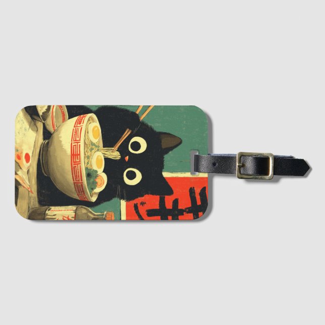 Étiquette À Bagage Chat noir drôle mangeant du Ramen (Devant Horizontal)