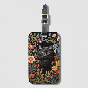 Étiquette À Bagage Chat Noir Élégant Fleurs Colorées