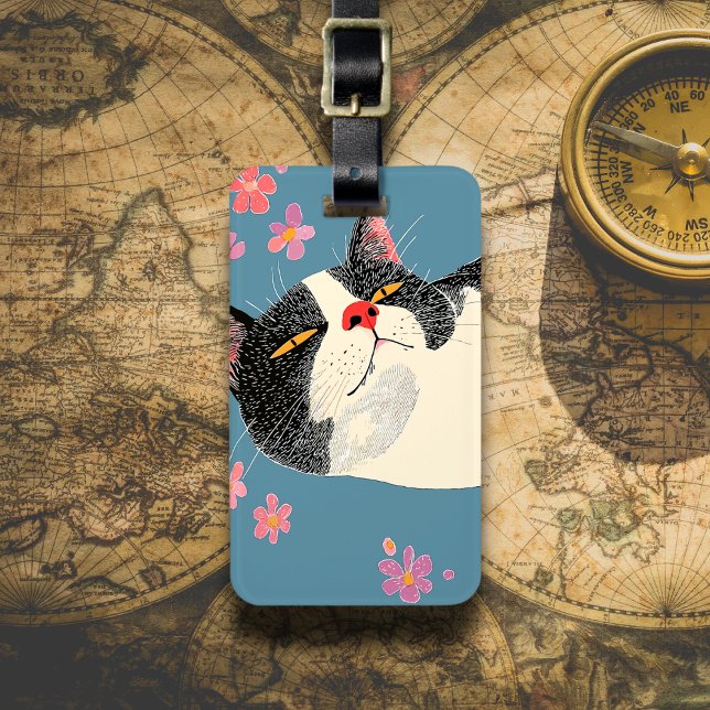 Étiquette À Bagage Chat noir et blanc détendu (Créateur téléchargé)