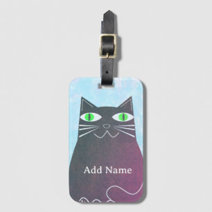 Étiquette À Bagage Chat noir gras aquarelle bleue nom personnalisé