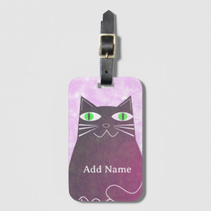 Étiquette À Bagage Chat noir gros rose aquarelle nom personnalisé