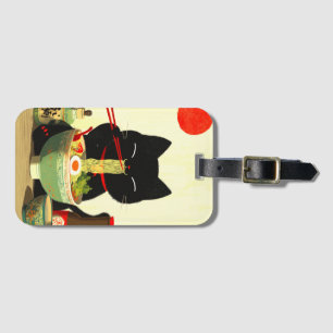 Étiquette À Bagage Chat noir heureux mangeant du Ramen Ukiyo-e japo