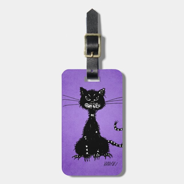 Étiquette À Bagage Chat noir mauvais en lambeaux pourpre (Devant Vertical)