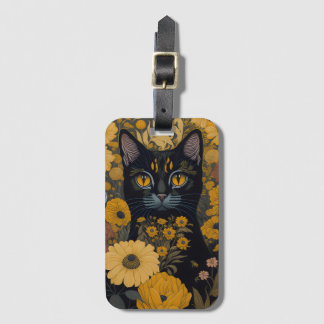 Étiquette À Bagage Chat noir Yellow Eyes Fleurs Vintages