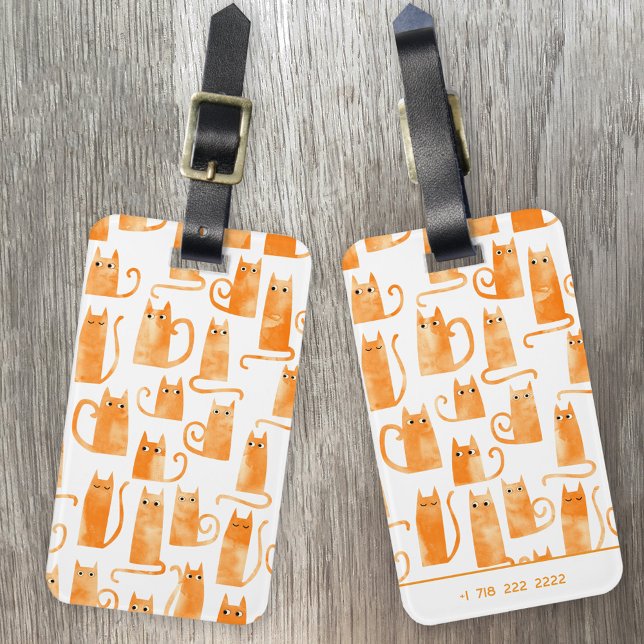 Étiquette À Bagage Chat orange mignon aquarelle (Fun Orange Ginger Cat watercolor personalized contact phone number luggage tag for animal lovers)