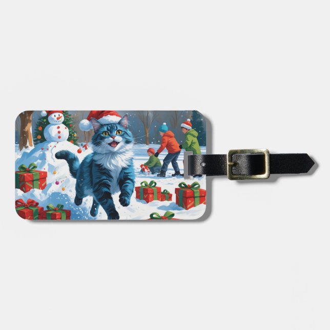 Étiquette À Bagage Chat Oriental Bleu Assis dans un Chapeau de Noël e (Devant horizontal)