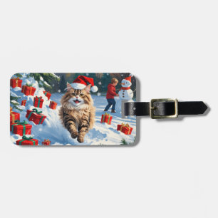 Étiquette À Bagage Chat persan assis dans la neige avec Casquette de 