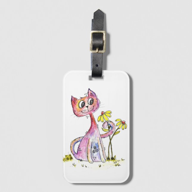 Étiquette À Bagage Chat rose blanc mignon avec Fleurs Jaunes (Devant Vertical)