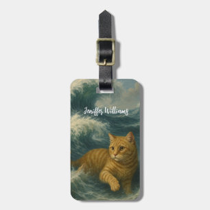 Étiquette À Bagage Chat roux courageux chevauchant les vagues de l'oc