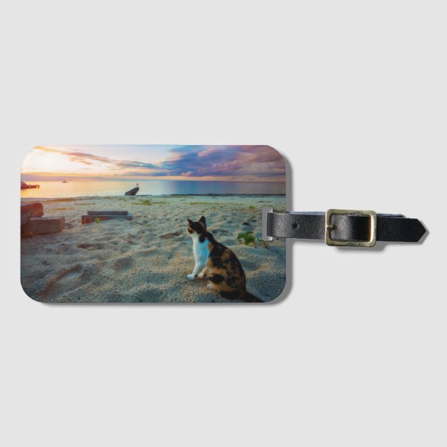 Étiquette À Bagage Chat se reposant sur une plage (Devant Horizontal)