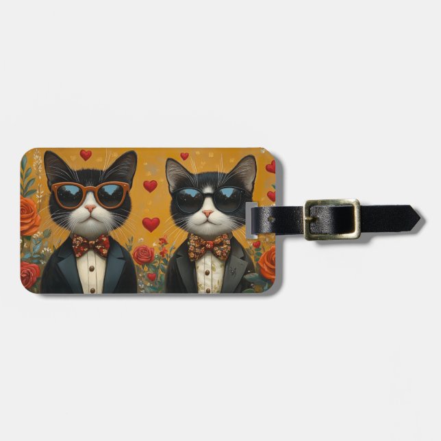 Étiquette À Bagage Chat Smoking Avec Roses de la Saint-Valentin (Devant horizontal)