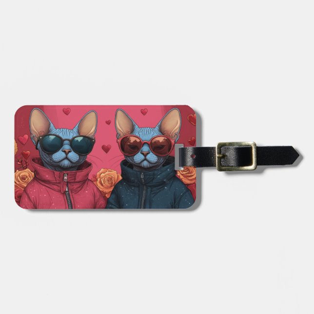 Étiquette À Bagage Chat Sphynx avec Roses de Saint-Valentin (Devant horizontal)