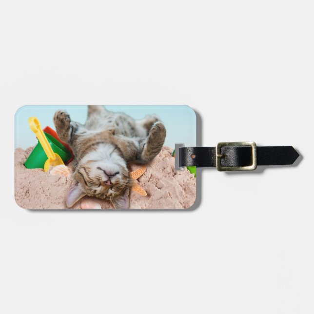 Étiquette À Bagage Chat sur la plage et ciel bleu (Devant horizontal)