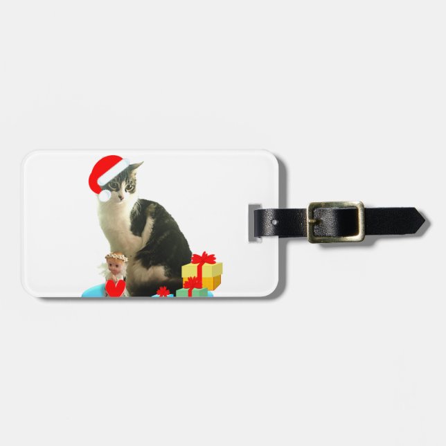 Étiquette À Bagage Chat tabby de Noël et joli petit ange (Devant horizontal)