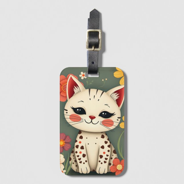 Étiquette À Bagage Chat tacheté heureux avec des fleurs (Devant Vertical)