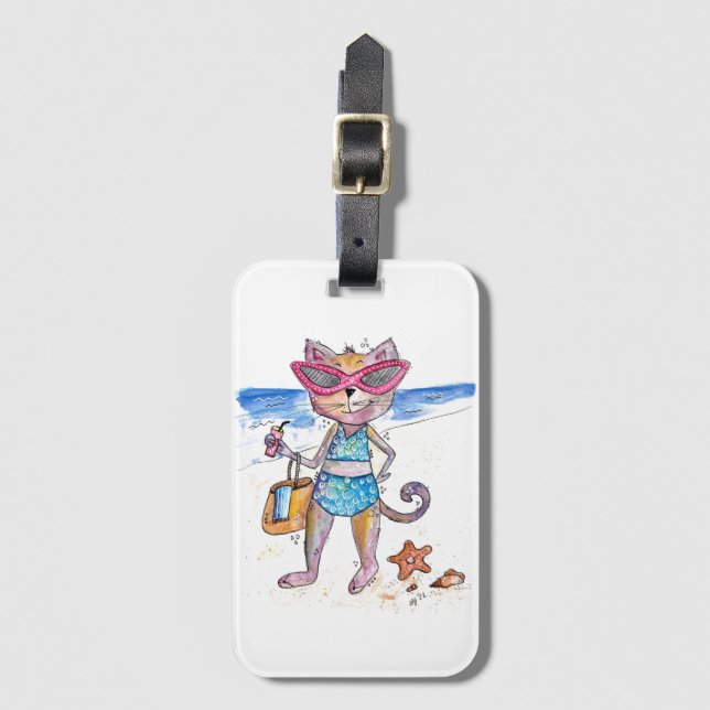 Étiquette À Bagage Chat Whimsical sur la plage (Devant Vertical)