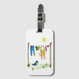 Étiquette À Bagage Chat Whimsical sur une ligne de linge