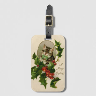 Étiquette À Bagage Chaton de Noël victorien au houx antique tabby