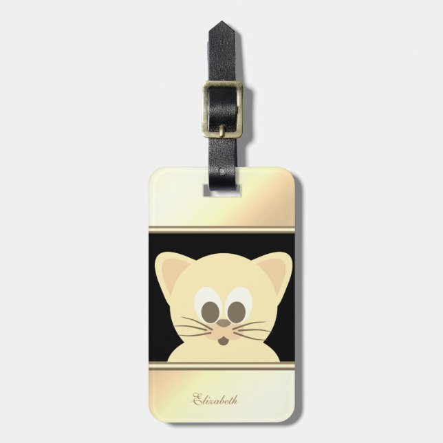 Étiquette À Bagage Chaton Moderne Féminin Noir, Or - Personnalisé (Devant Vertical)