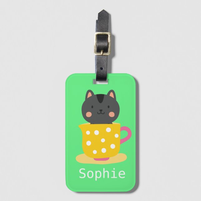 Étiquette À Bagage Chatte mignonne en dessin animé sur la menthe (Devant Vertical)