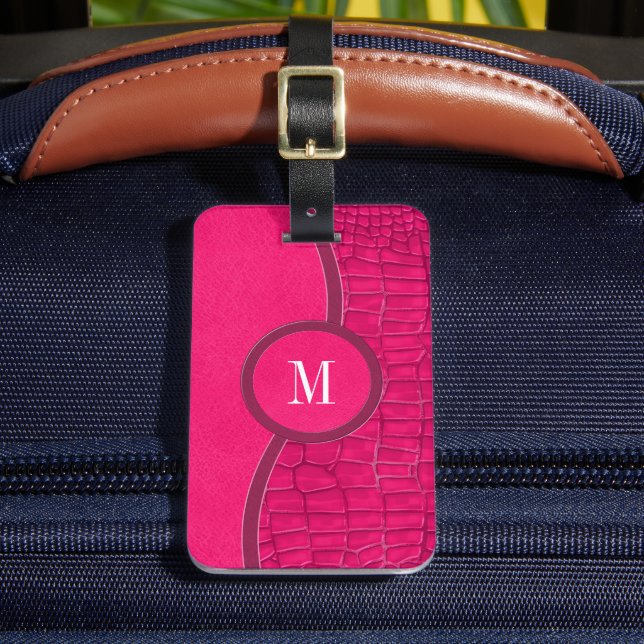 Étiquette À Bagage Chaud rose Faux Cuir Alligator Peau Chic Monogramm (Insitu Rectoal 2)