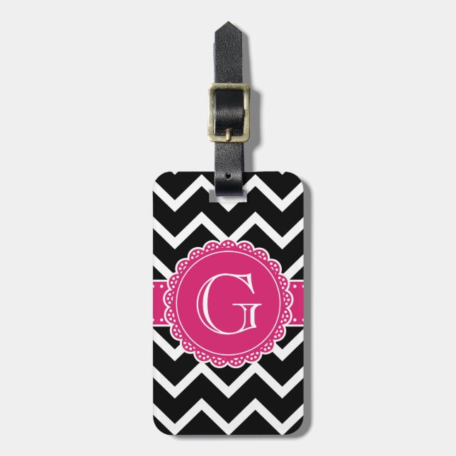 Étiquette À Bagage Chaud rose Fleur Monogramme noir Chevron (Devant Vertical)
